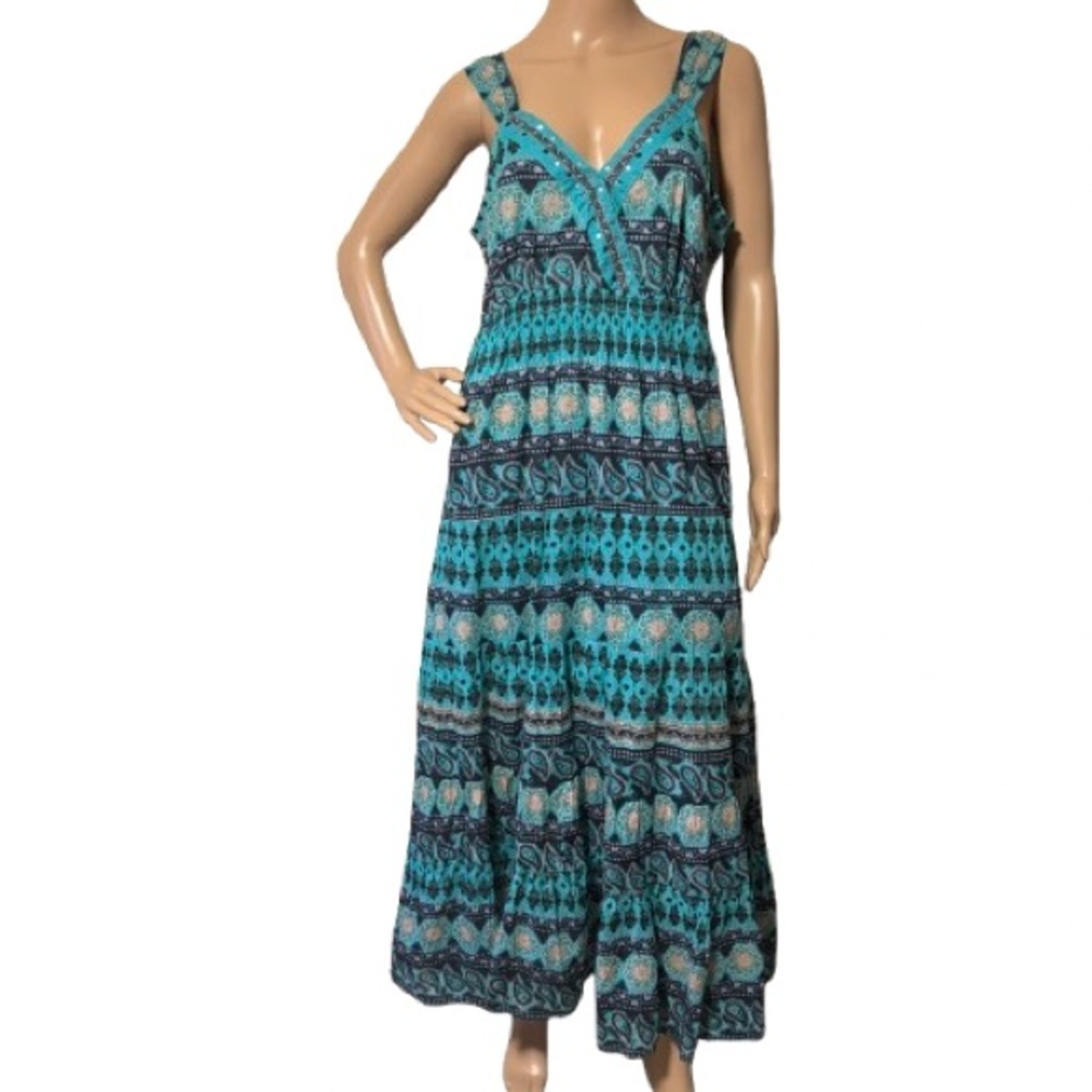 Karen Hart Teal Boho Y2K Lined 100% Cotton Dress Size XL